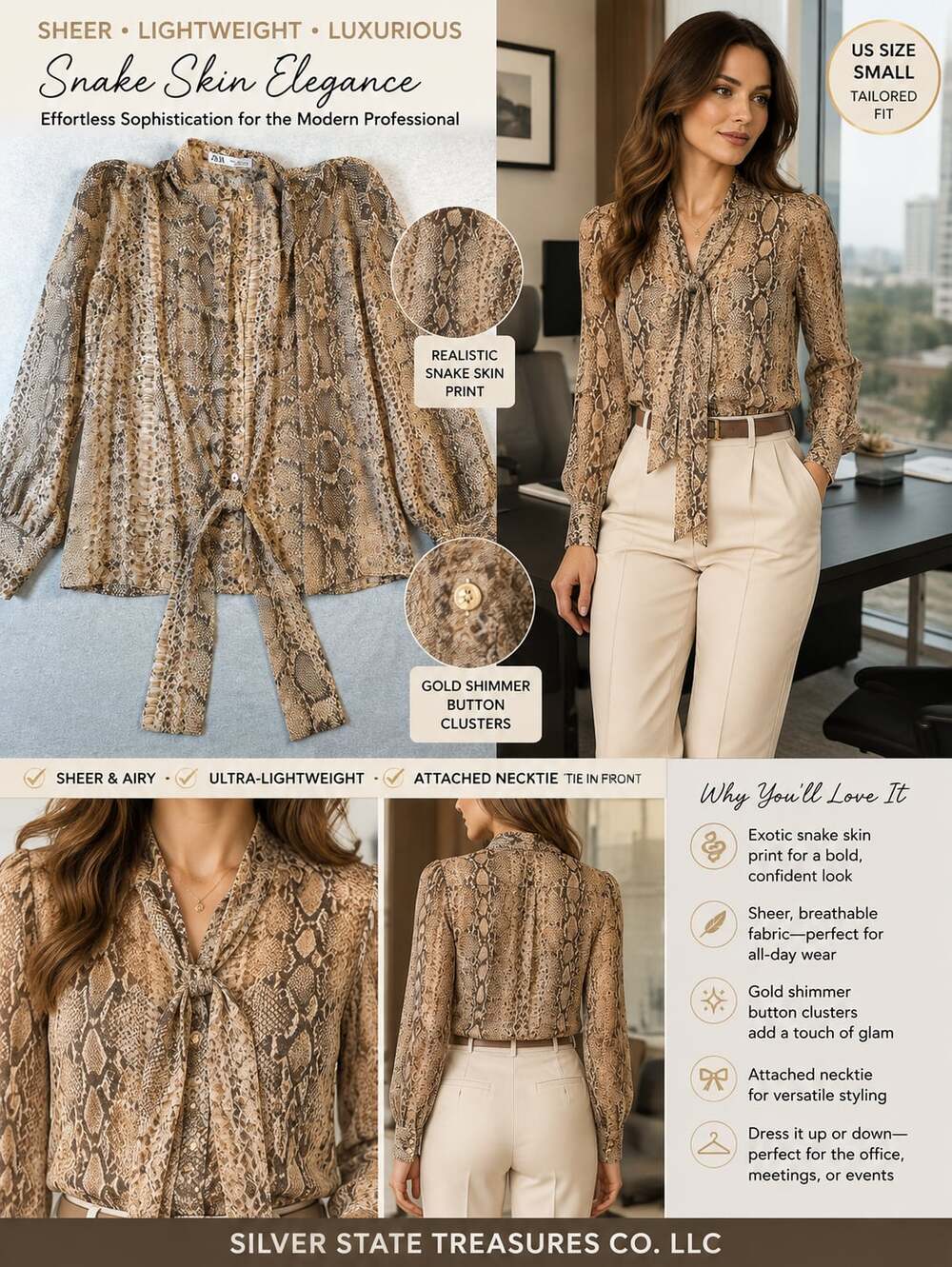 ZARA Snakeskin Print Button-Down Long Sleeve Blouse w/Bow Collar Size S